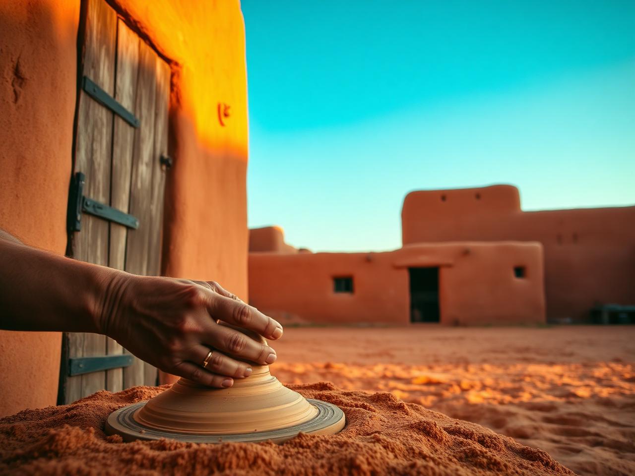 Hands smoothing wet adobe along the curve of an unfinished wall.